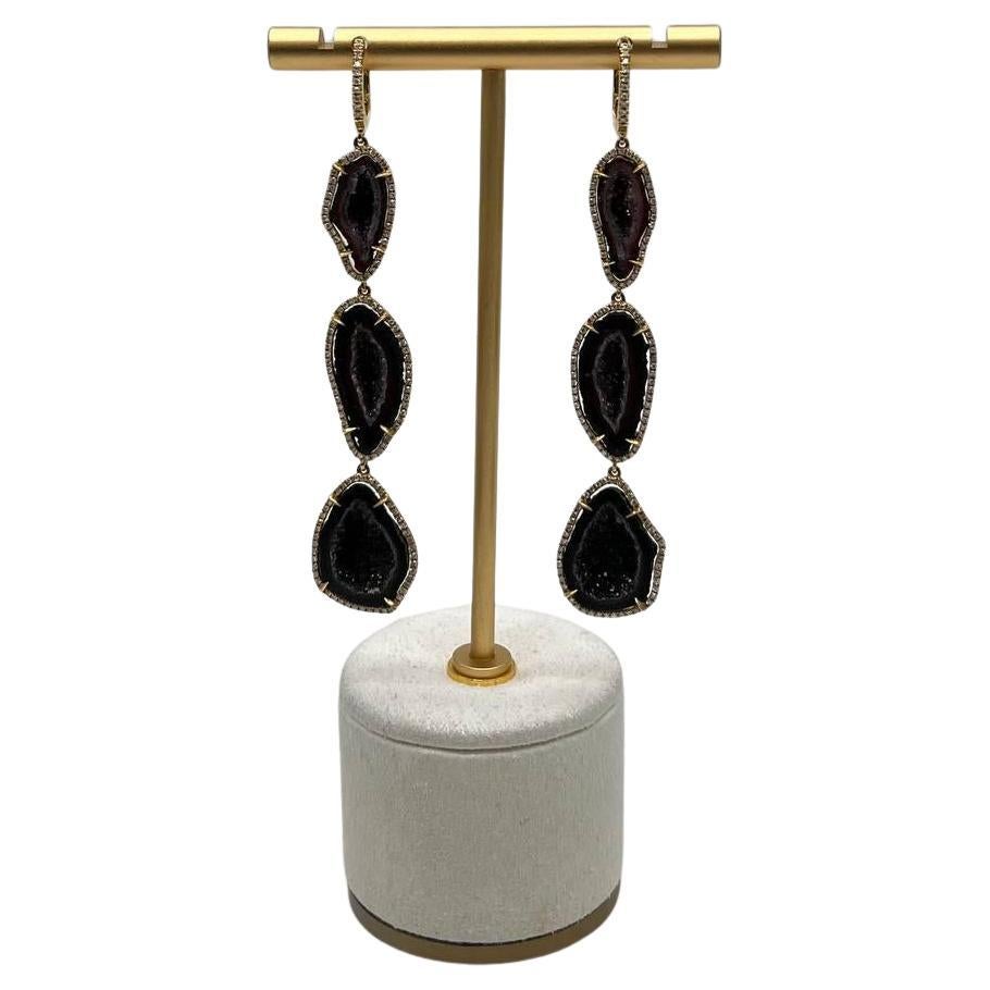 Free Shape Brown Black Druzy Quartz Crystal Diamonds 18K Yellow Gold Earrings
