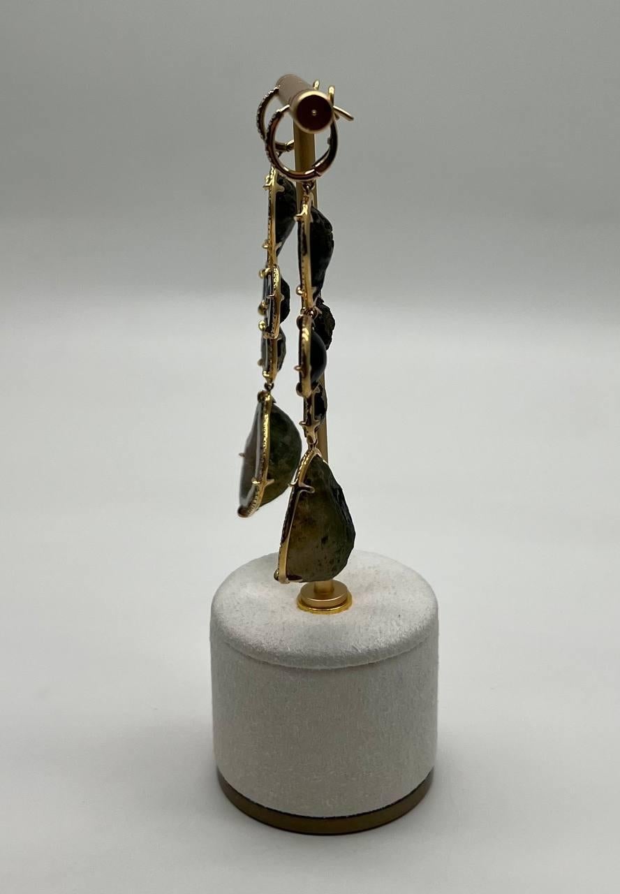 Free Shape Brown Grey Druzy Quartz Crystal Diamonds 18K Yellow Gold Earrings For Sale 5