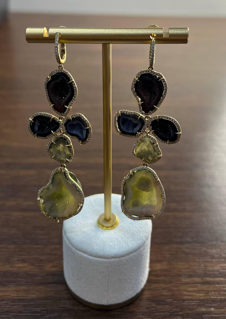 Women's Free Shape Brown Grey Druzy Quartz Crystal Diamonds 18K Yellow Gold Earrings For Sale