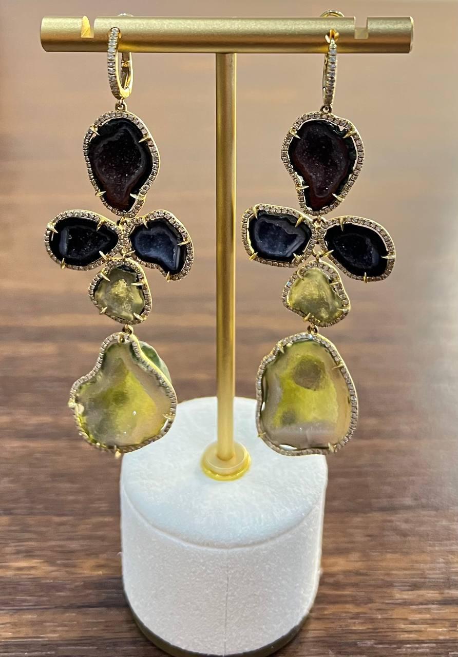 Free Shape Brown Grey Druzy Quartz Crystal Diamonds 18K Yellow Gold Earrings For Sale 1