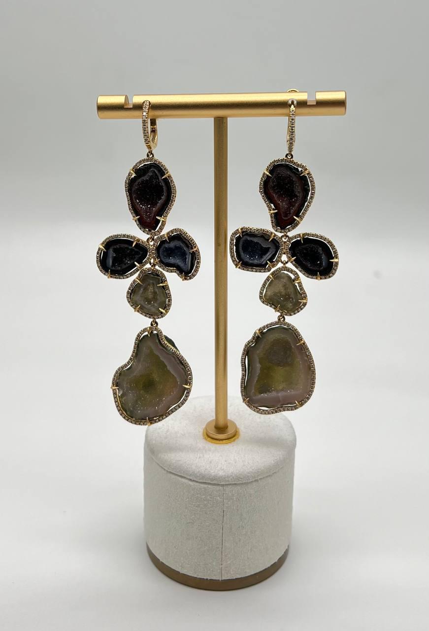 Free Shape Brown Grey Druzy Quartz Crystal Diamonds 18K Yellow Gold Earrings For Sale 2