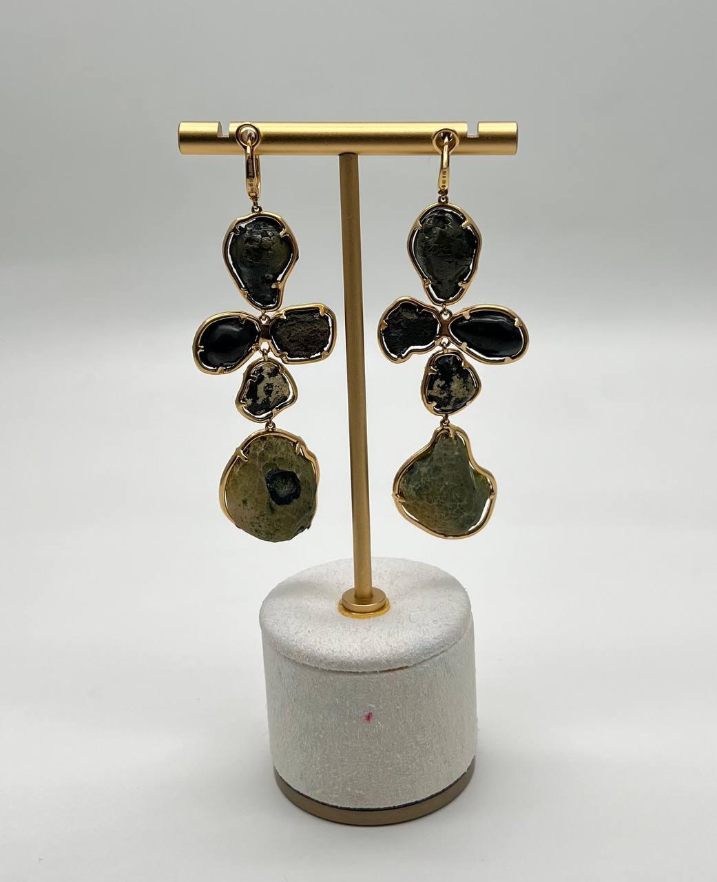Free Shape Brown Grey Druzy Quartz Crystal Diamonds 18K Yellow Gold Earrings For Sale 4