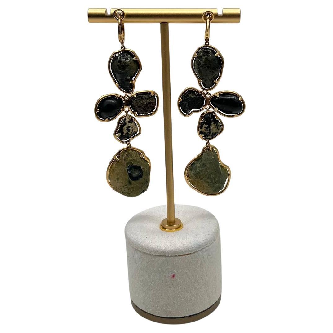 Free Shape Brown Grey Druzy Quartz Crystal Diamonds 18K Yellow Gold Earrings