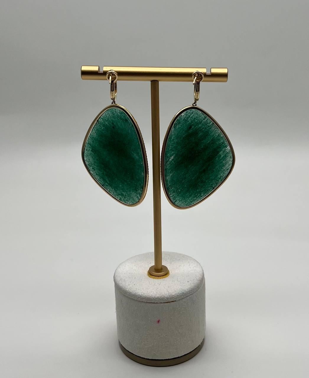 Mixed Cut Free Shape Dark Green Aventurine 14K Gold Unique Statement Drop Earrings For Sale