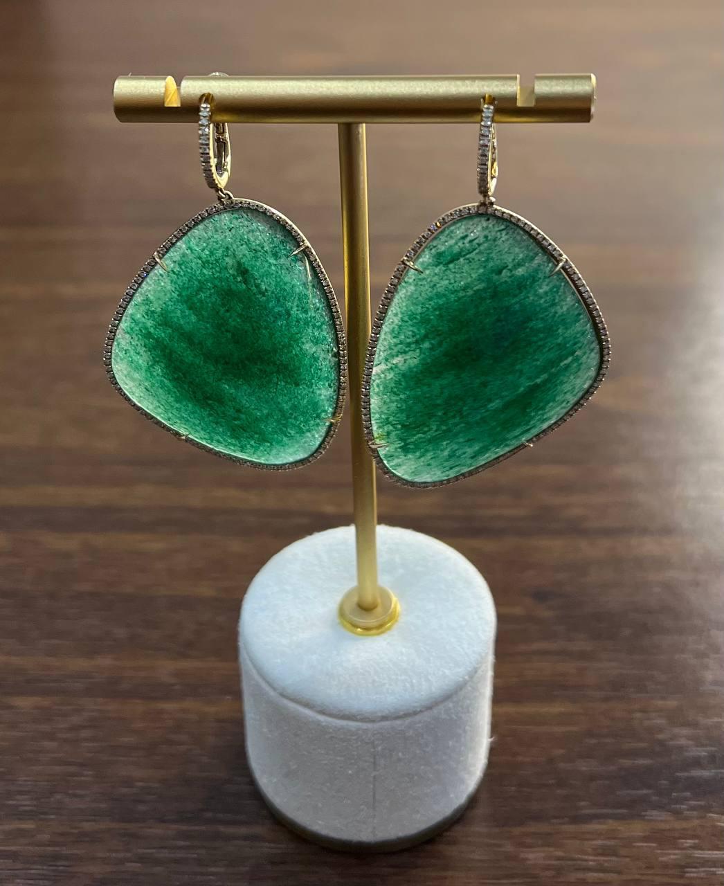 Free Shape Dark Green Aventurine 14K Gold Unique Statement Drop Earrings For Sale 1