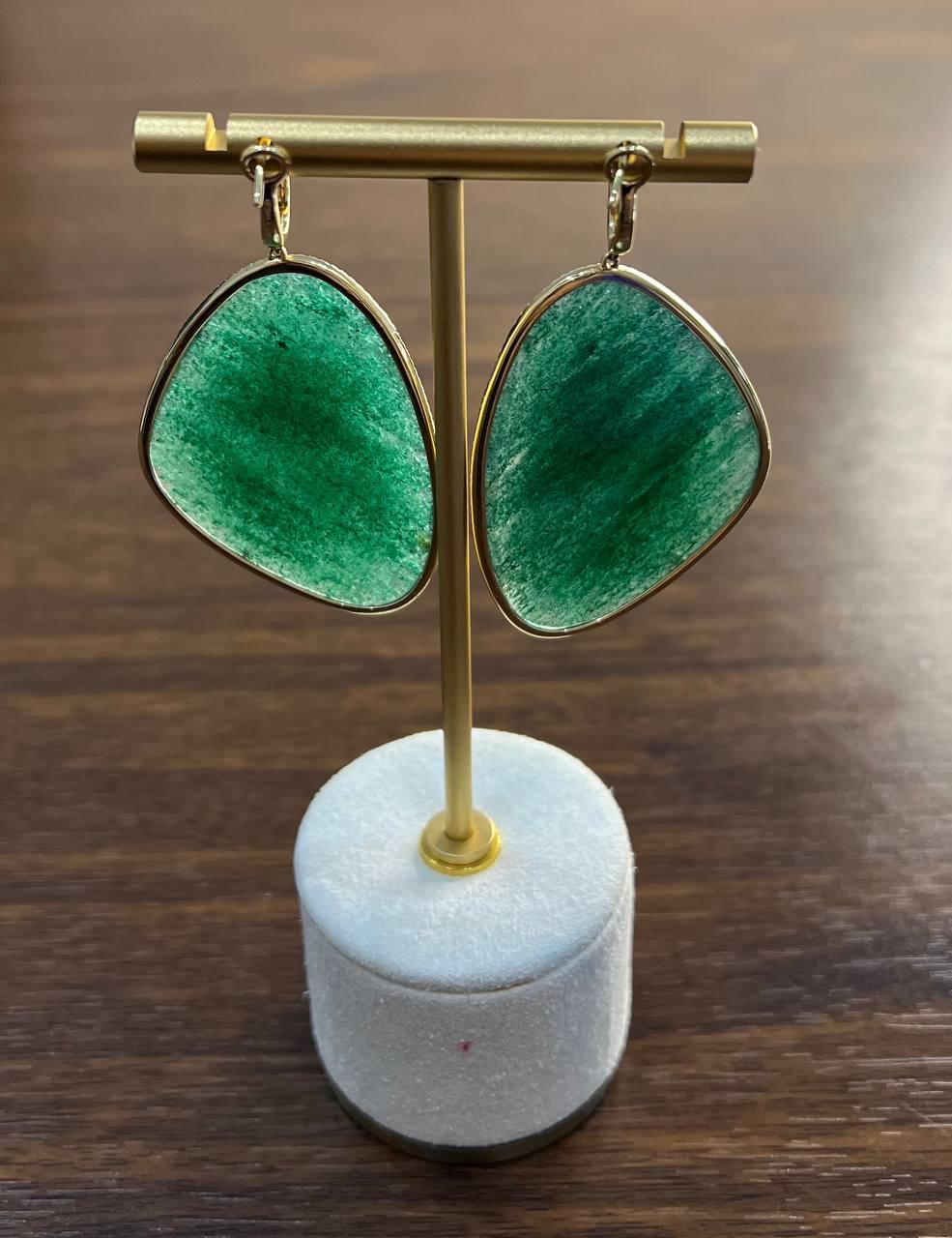 Free Shape Dark Green Aventurine 14K Gold Unique Statement Drop Earrings For Sale 3