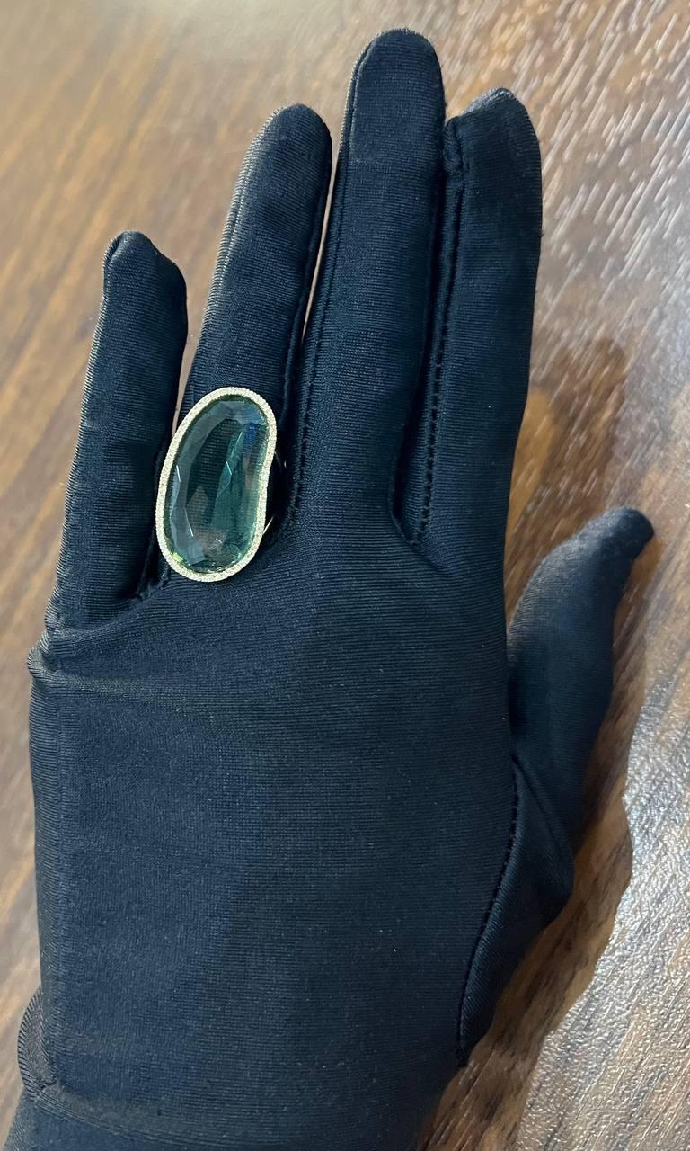 Free Shape Faceted Green Amethyst Prasiolite Diamonds Halo Gold Statement Ring For Sale 6
