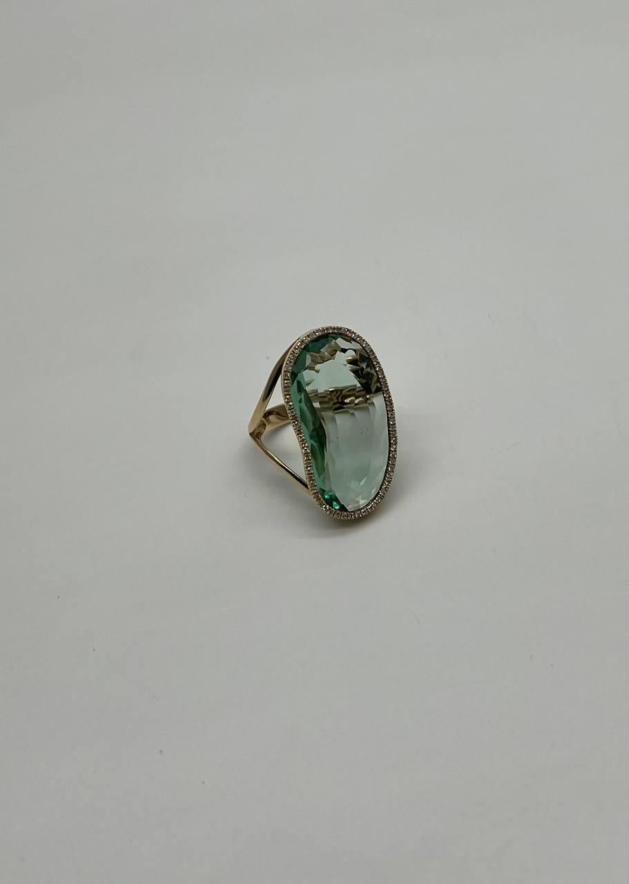 Mixed Cut Free Shape Faceted Green Amethyst Prasiolite Diamonds Halo Gold Statement Ring For Sale