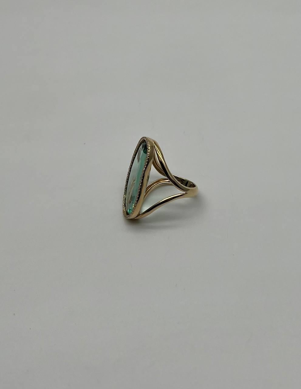 Women's Free Shape Faceted Green Amethyst Prasiolite Diamonds Halo Gold Statement Ring For Sale