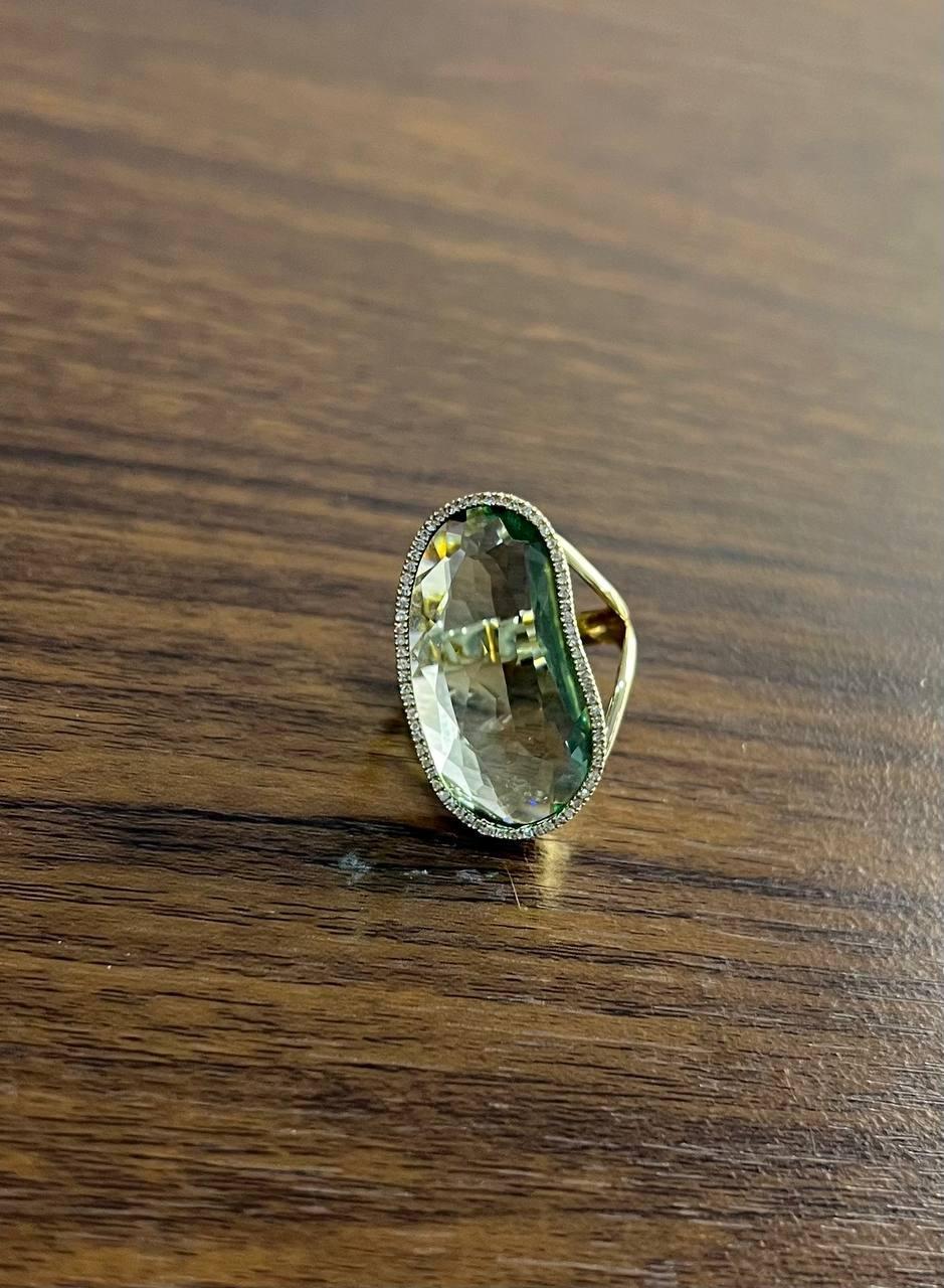 Free Shape Faceted Green Amethyst Prasiolite Diamonds Halo Gold Statement Ring For Sale 2