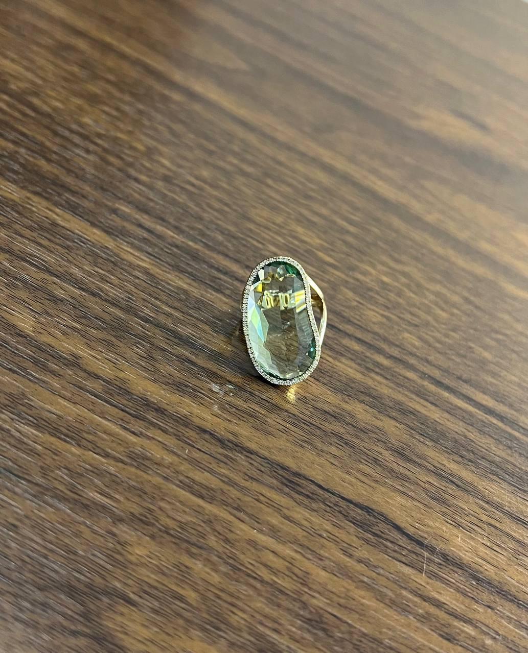 Free Shape Faceted Green Amethyst Prasiolite Diamonds Halo Gold Statement Ring For Sale 4