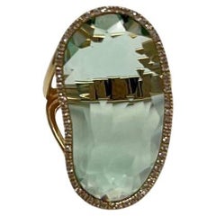 Free Shape Faceted Green Amethyst Prasiolite Diamonds Halo Gold Statement Ring