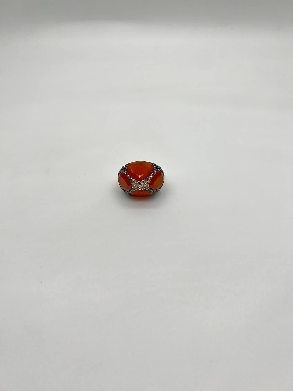 Free Shape Faceted Orange Carnelian Diamond Pave 14K Gold Statement Ring For Sale 5