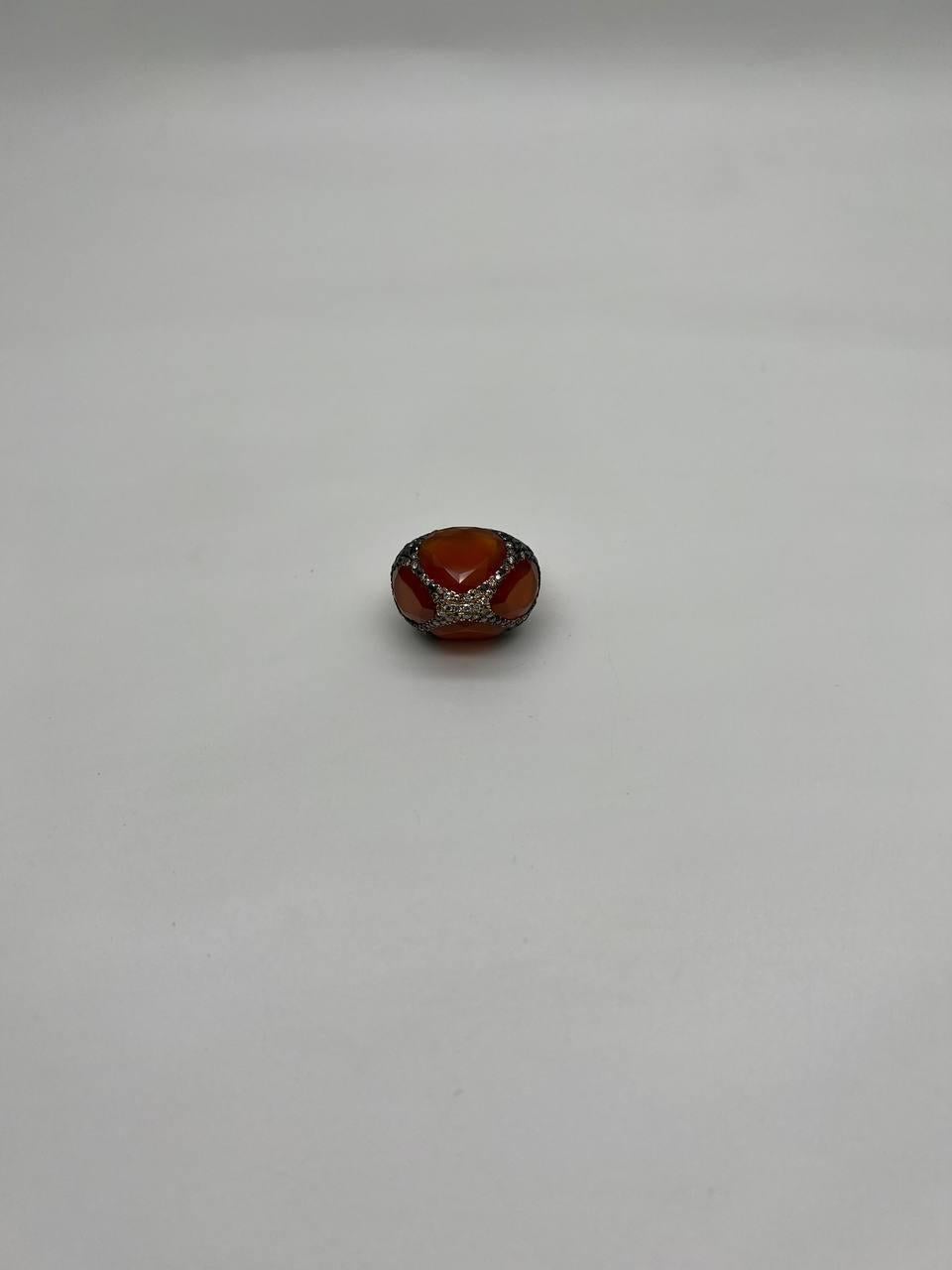 Free Shape Faceted Orange Carnelian Diamond Pave 14K Gold Statement Ring For Sale 9