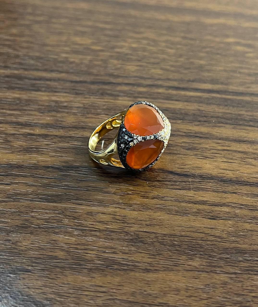 Mixed Cut Free Shape Faceted Orange Carnelian Diamond Pave 14K Gold Statement Ring For Sale