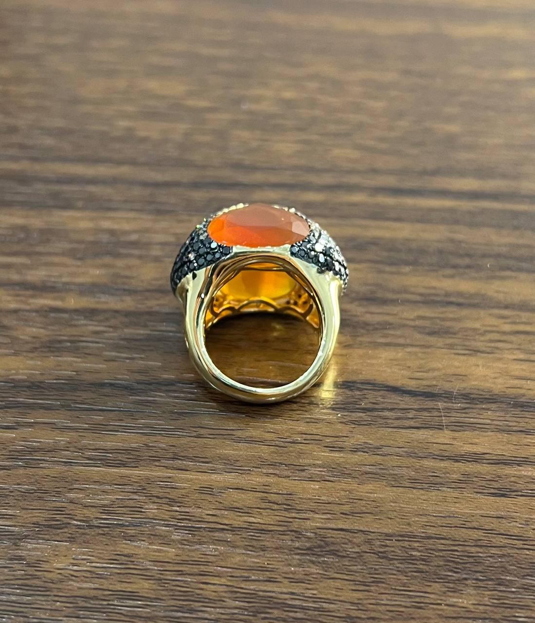 Women's Free Shape Faceted Orange Carnelian Diamond Pave 14K Gold Statement Ring For Sale