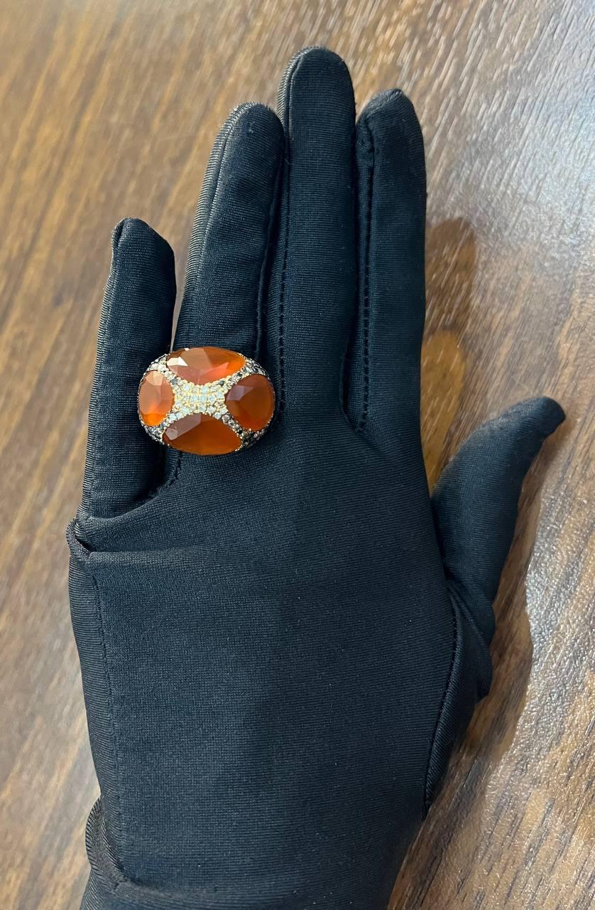 Free Shape Faceted Orange Carnelian Diamond Pave 14K Gold Statement Ring For Sale 1