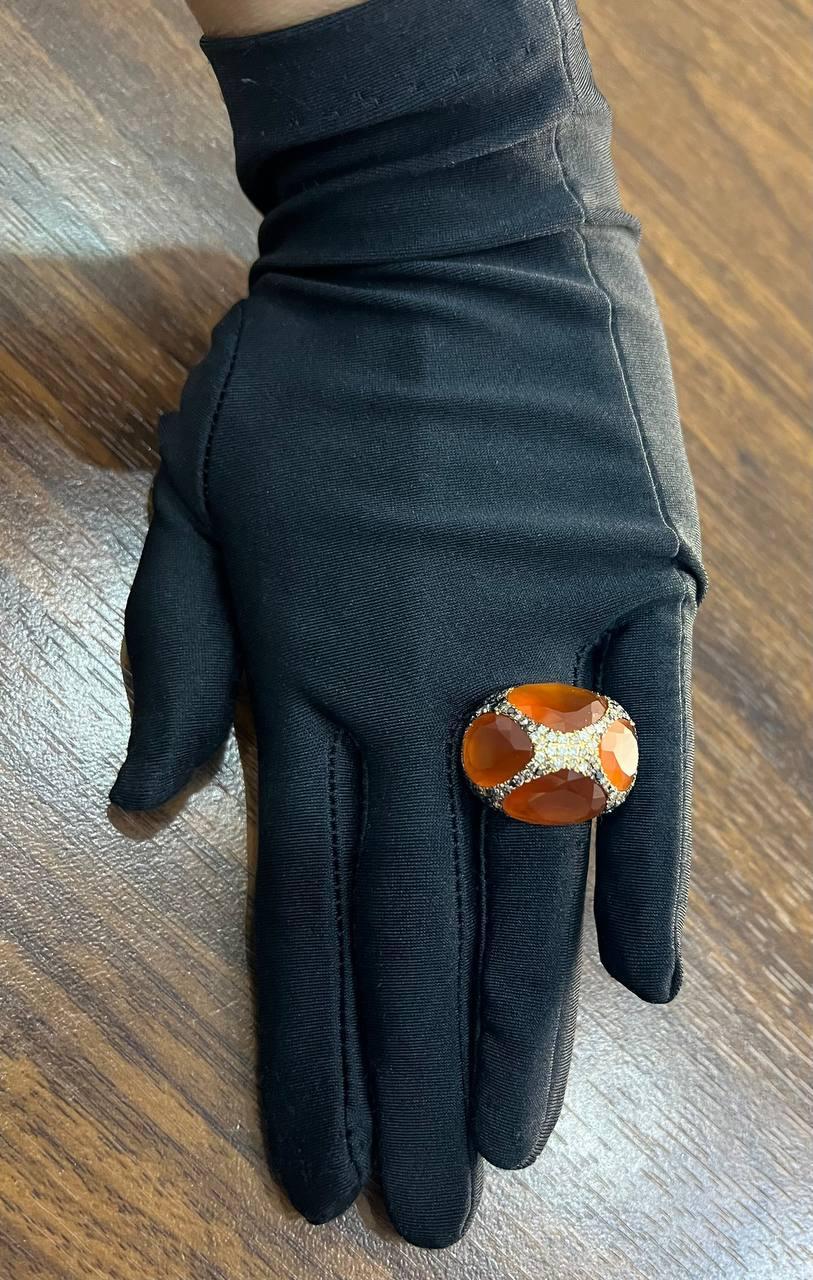 Free Shape Faceted Orange Carnelian Diamond Pave 14K Gold Statement Ring For Sale 2