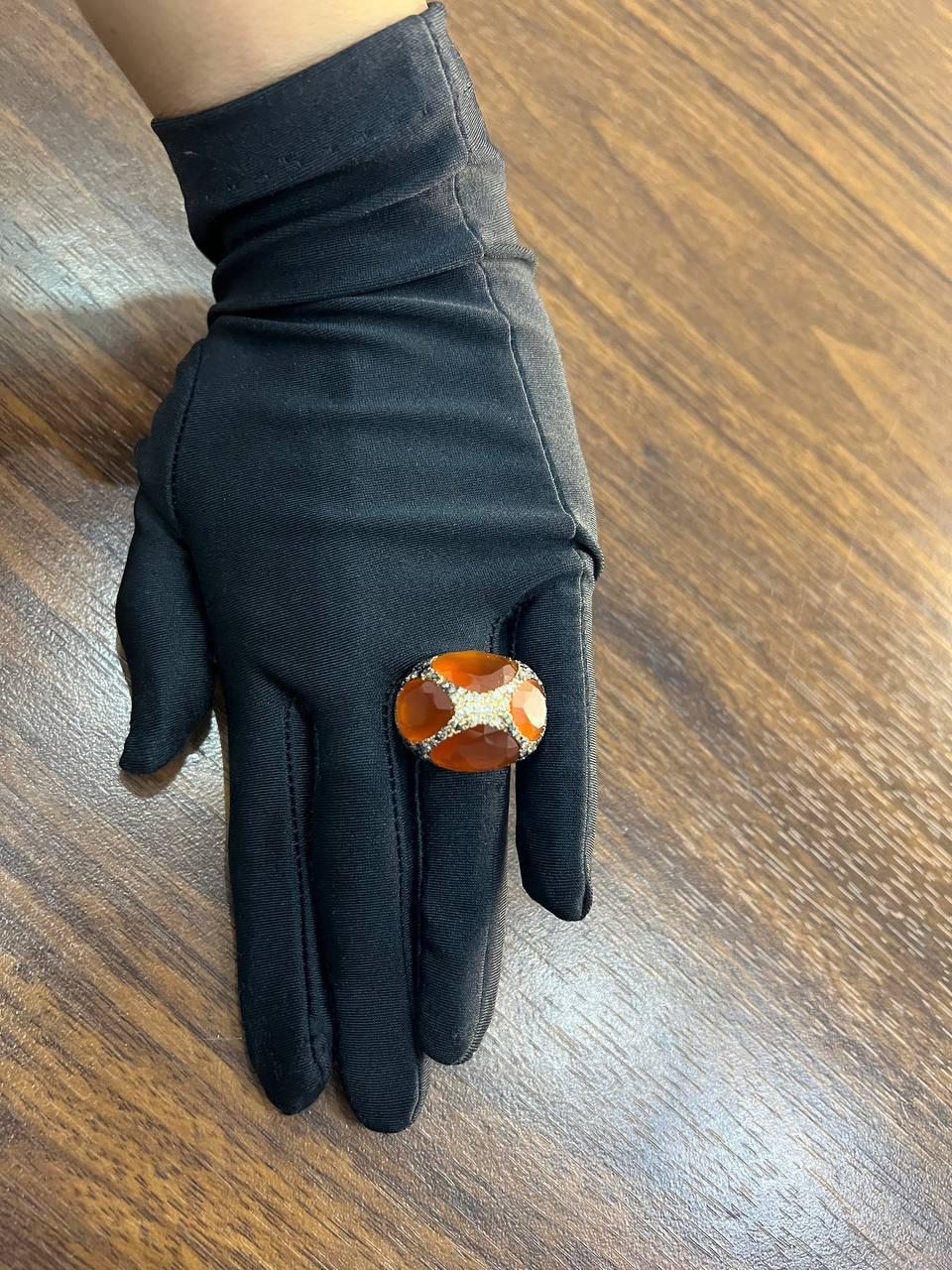 Free Shape Faceted Orange Carnelian Diamond Pave 14K Gold Statement Ring For Sale 3