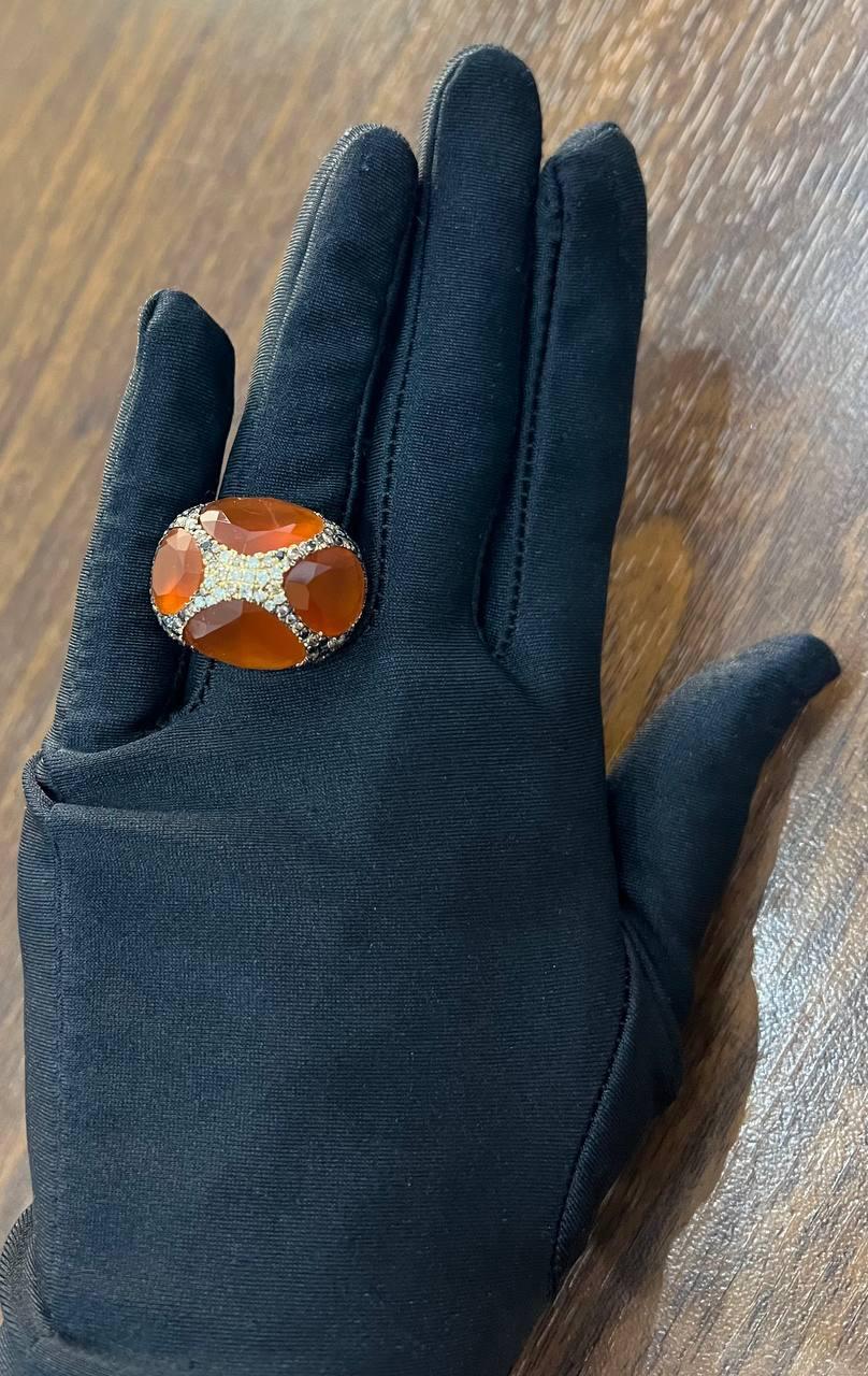 Free Shape Faceted Orange Carnelian Diamond Pave 14K Gold Statement Ring For Sale 4