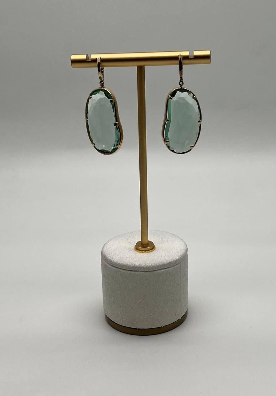 Free Shape Green Amethyst Prasiolite Diamonds Halo Gold Statement Drop Earrings For Sale 5