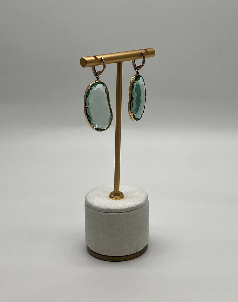 Free Shape Green Amethyst Prasiolite Diamonds Halo Gold Statement Drop Earrings For Sale 6