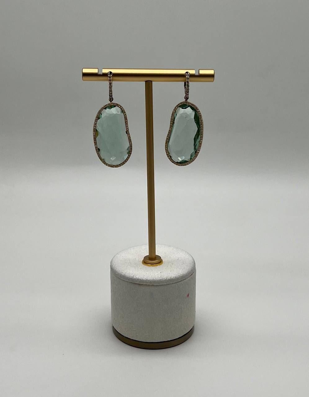 Free Shape Green Amethyst Prasiolite Diamonds Halo Gold Statement Drop Earrings For Sale 7