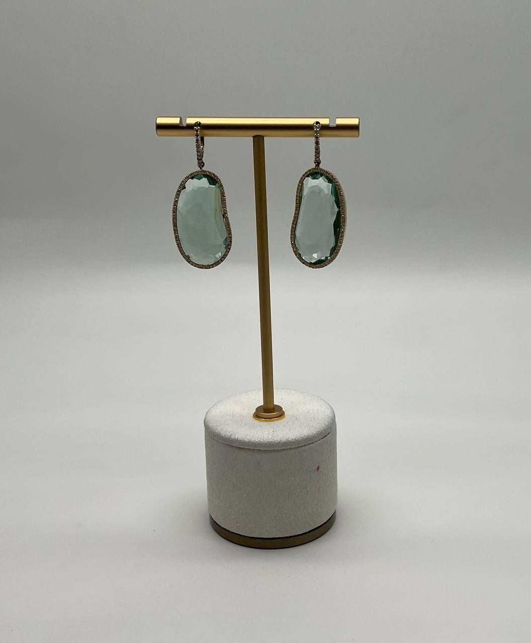 Free Shape Green Amethyst Prasiolite Diamonds Halo Gold Statement Drop Earrings For Sale 8