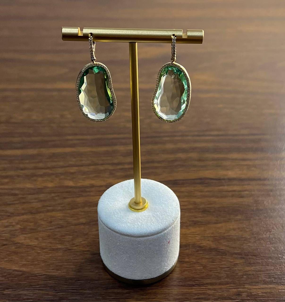 Women's Free Shape Green Amethyst Prasiolite Diamonds Halo Gold Statement Drop Earrings For Sale