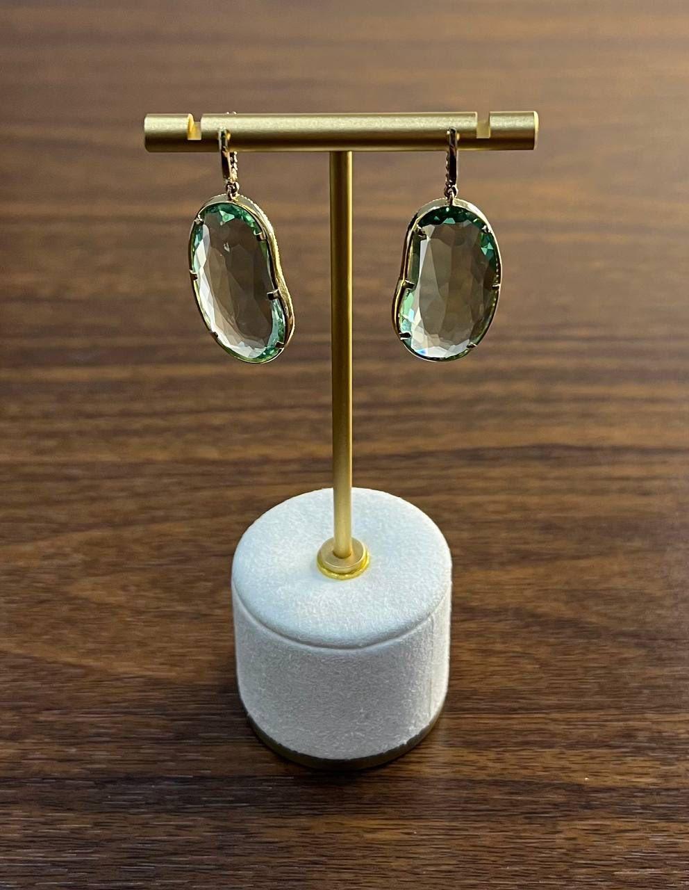 Free Shape Green Amethyst Prasiolite Diamonds Halo Gold Statement Drop Earrings For Sale 1