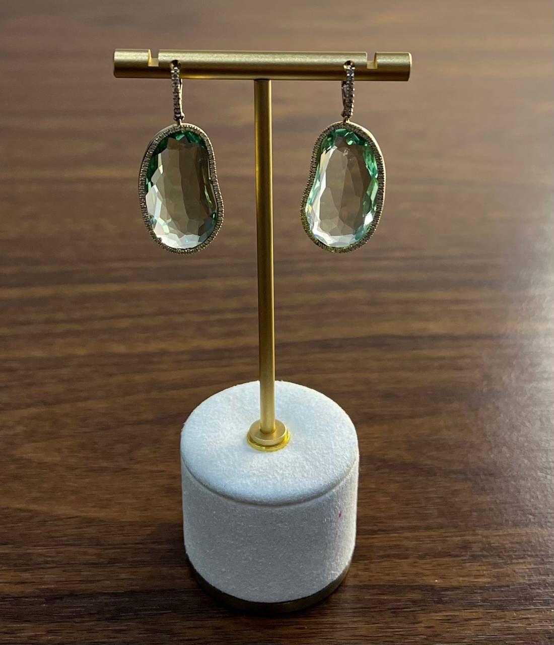 Free Shape Green Amethyst Prasiolite Diamonds Halo Gold Statement Drop Earrings For Sale 3