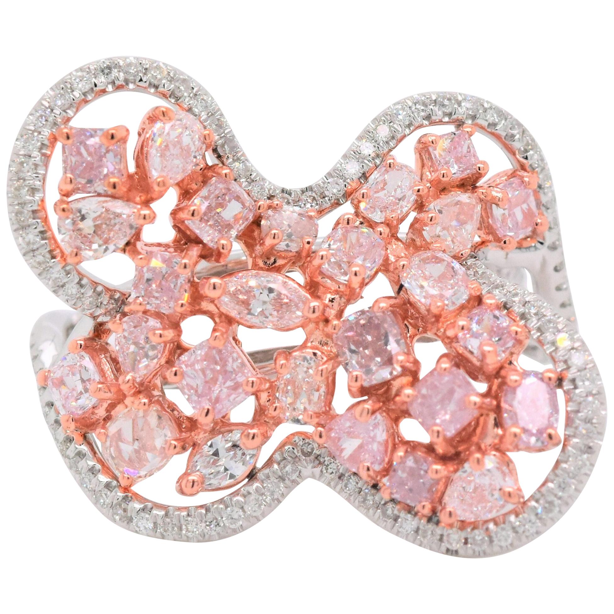 Free Shape Ring Natural Fancy Pink Diamond 18 Karat White Gold