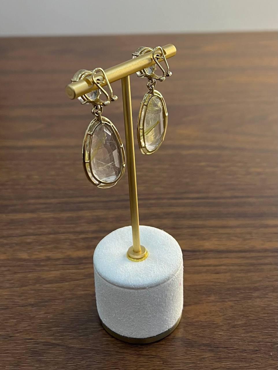 Pendientes de Oro 4K Halo de Diamantes de Cuarzo Rosa Rutilado de Forma Libre en venta 7