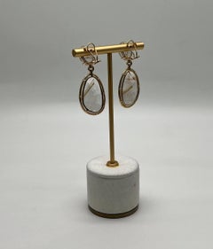 Free Shape Rutilated Rose Peach Quartz Diamond Halo 4K Gold Earrings