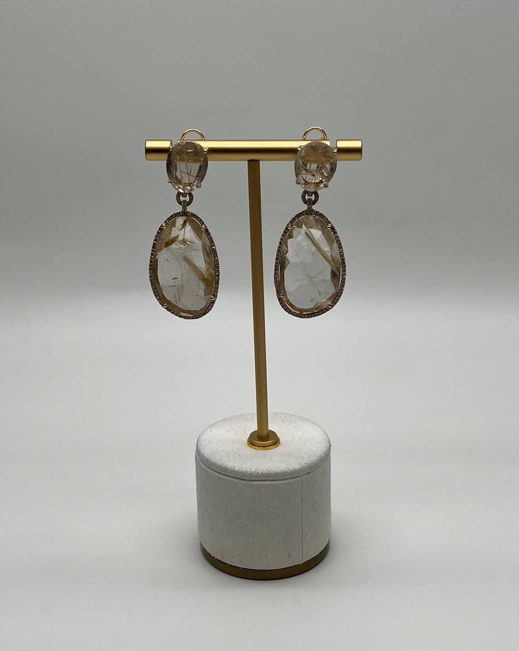 De las mujeres Pendientes de Oro 4K Halo de Diamantes de Cuarzo Rosa Rutilado de Forma Libre en venta