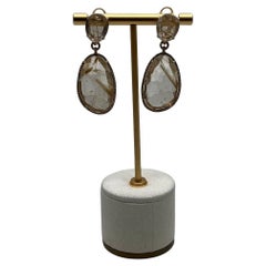 Free Shape Rutilated Rose Peach Quartz Diamond Halo 4K Gold Earrings