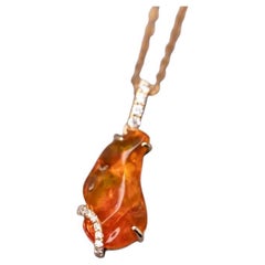 Free Shaped Mexican Fire Opal Diamond Necklace Pendant 18K Yellow Gold