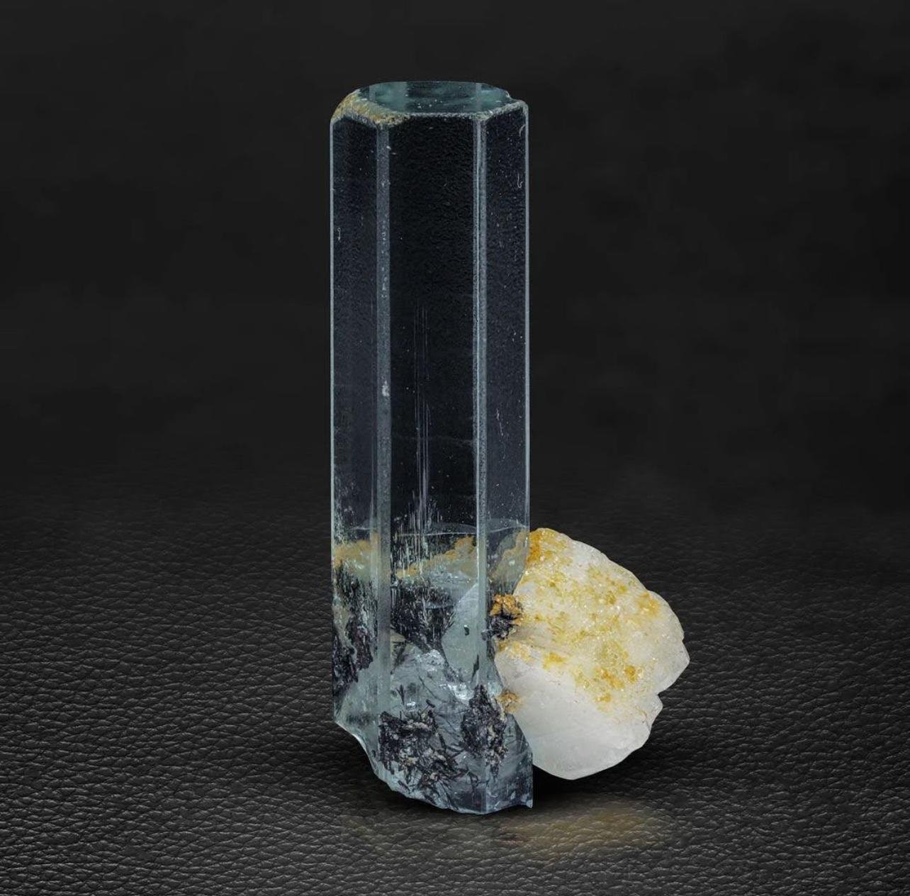 Adam Style Free Standing Aquamarine On Albite With Spessertine Garnet From Pakistan For Sale