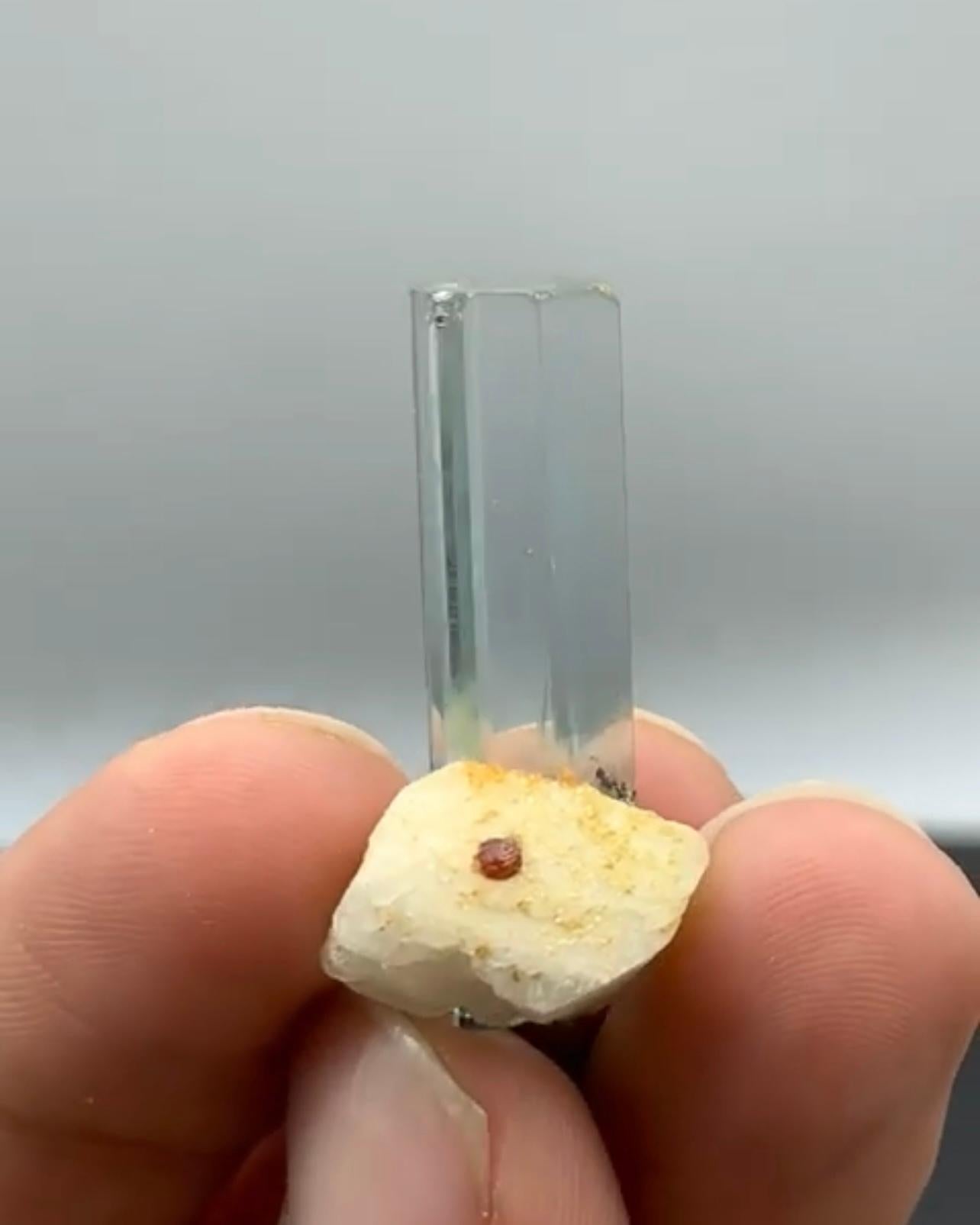 Contemporary Free Standing Aquamarine On Albite With Spessertine Garnet From Pakistan For Sale