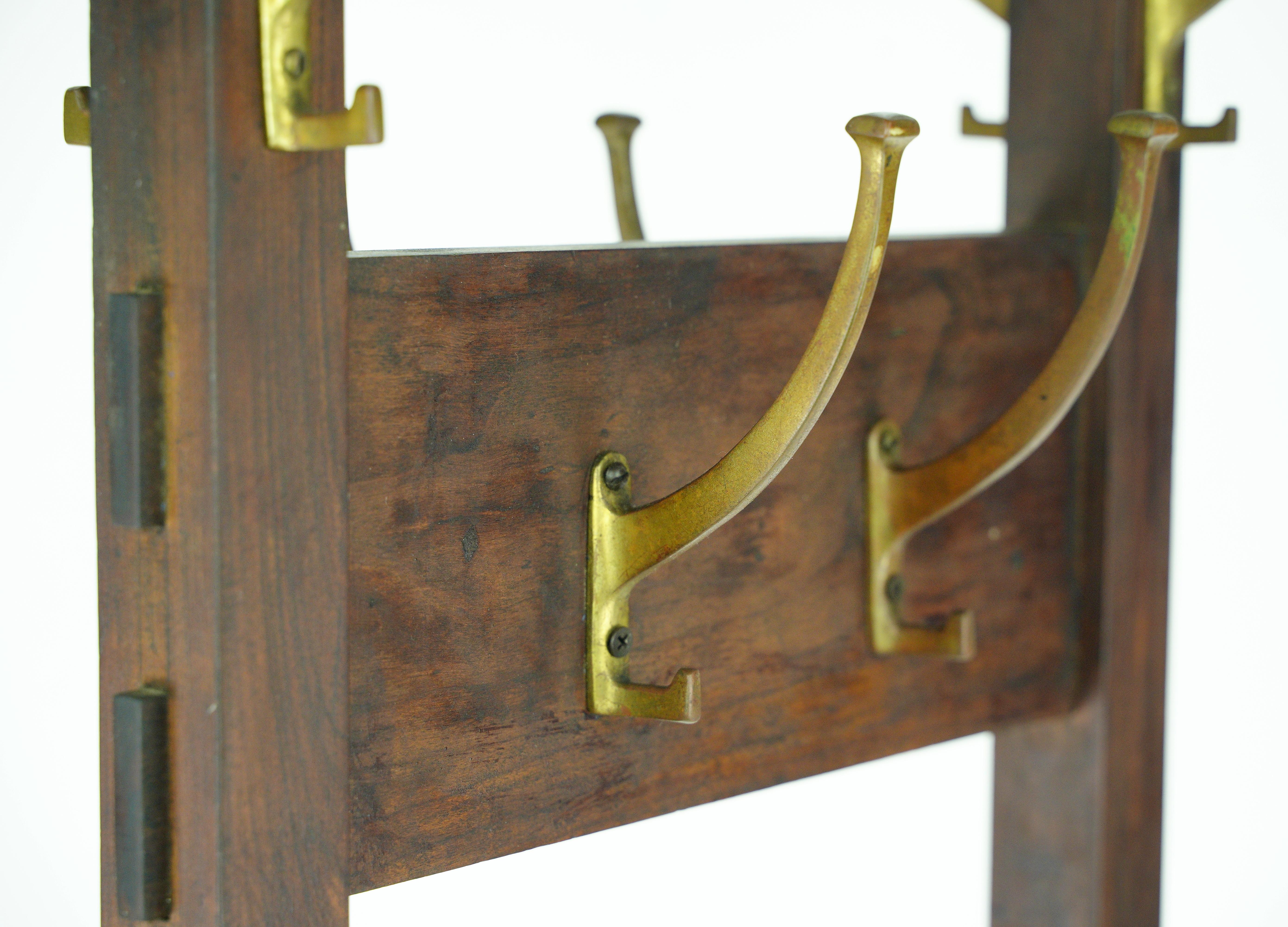 American Free Standing Arts & Crafts Coat Rack Hooks Brass Finished Steel For Sale