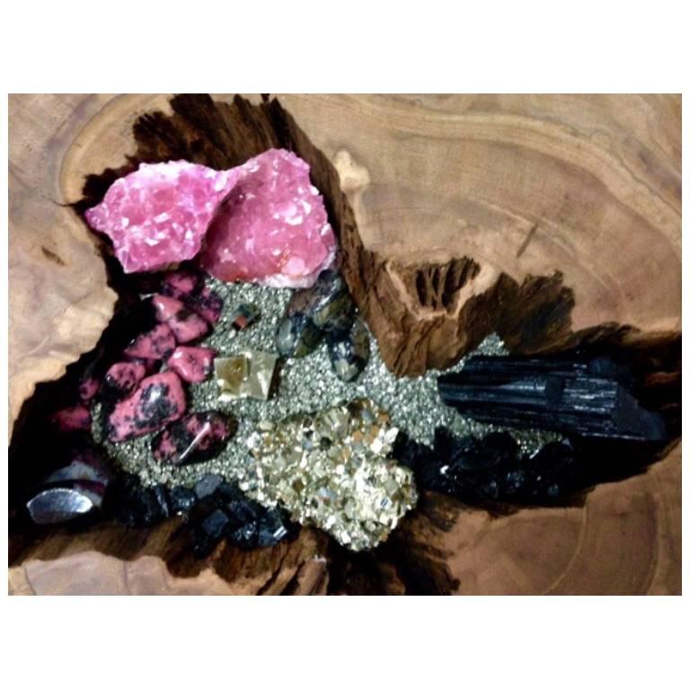 American Claro Walnut Wood Sculpture with Calcite Rhodonite Pyrite Inlay by Danna Weiss  For Sale