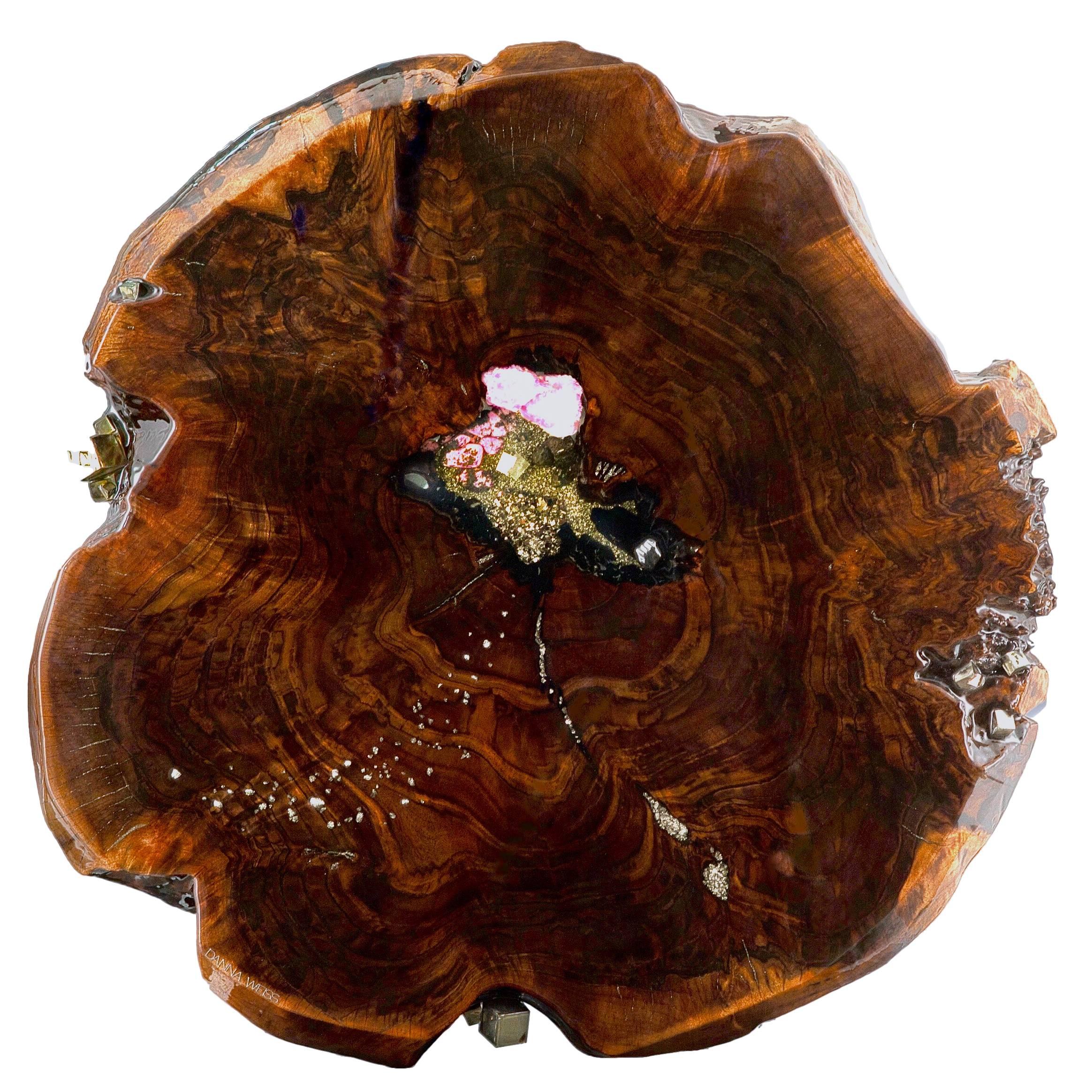 Claro Walnut Wood Sculpture with Calcite Rhodonite Pyrite Inlay by Danna Weiss 