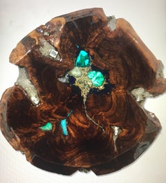 Claro Walnut Wood Sculpture Malachite Turquoise Tourmaline Inlay by Danna Weiss