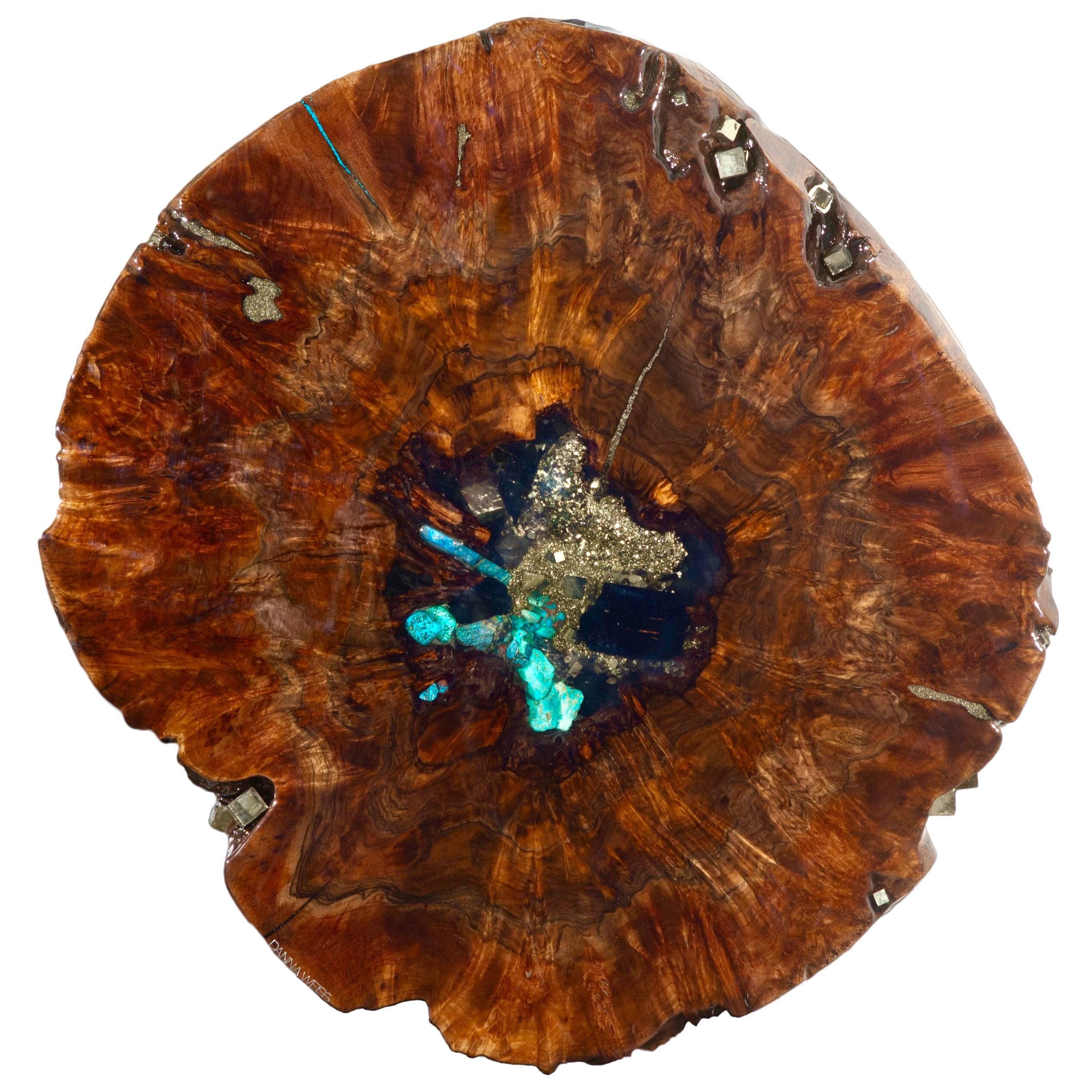Walnut wood sculpture in resin with gemstone inlay
