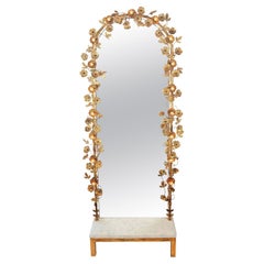 Free-standing 'Gracie' brass Flower Light Mirror with shelf