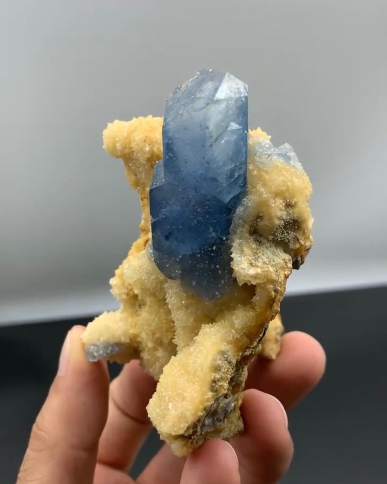 Product Information:

Specimen Type: NEW FIND Celestite with Calcite

Weight: 215 grams

Dimensions: H: 8.5 x W: 6 x D: 5.2 cm

Origin: Laman celestine deposit, Qala e Naw District, Badghis, Afghanistan

Treatment: None

Description:

A remarkable