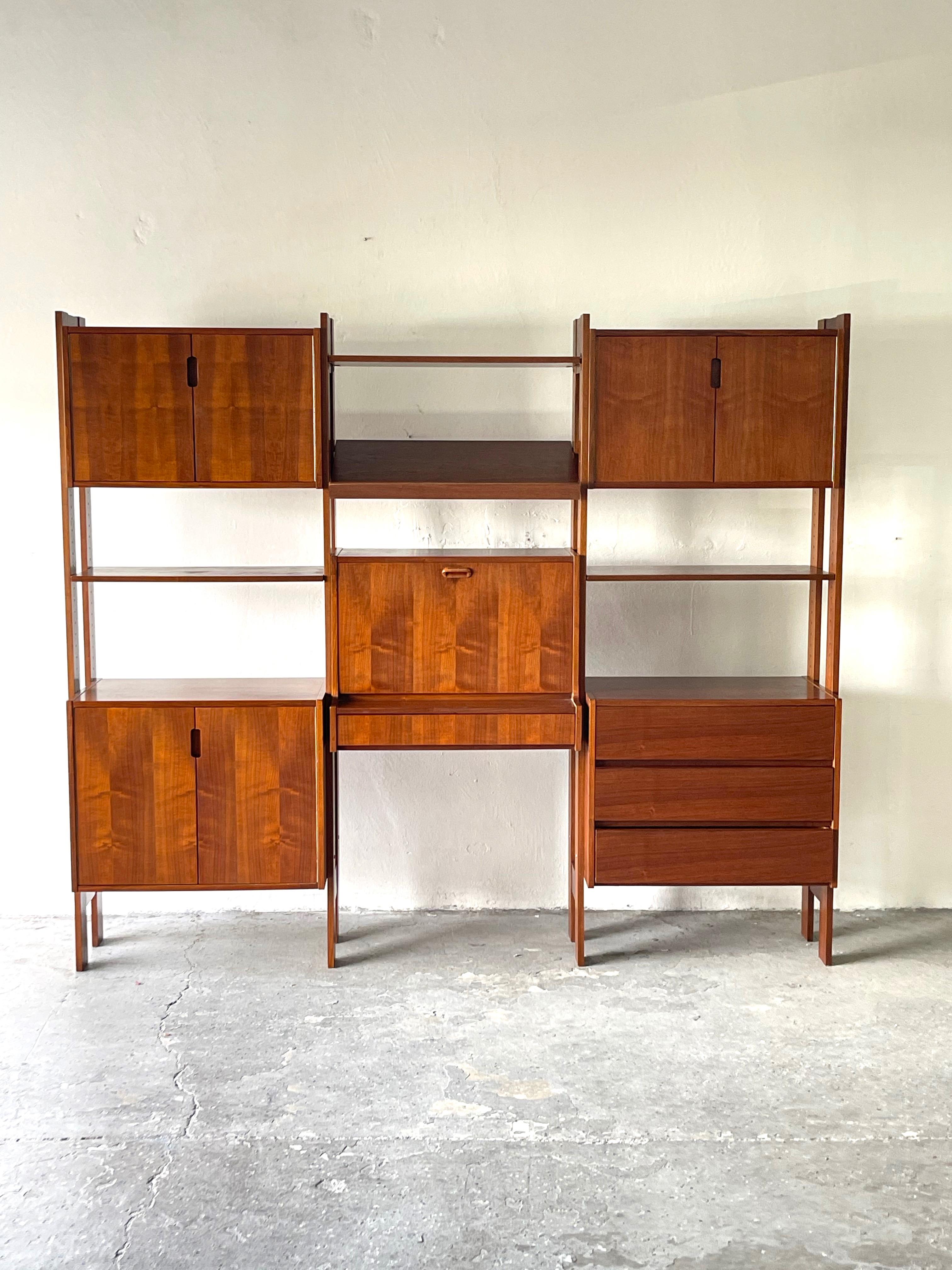 Free Standing Mid-Century Modern Walnut 3 Bay Modular Wall Unit / Room Divider 1