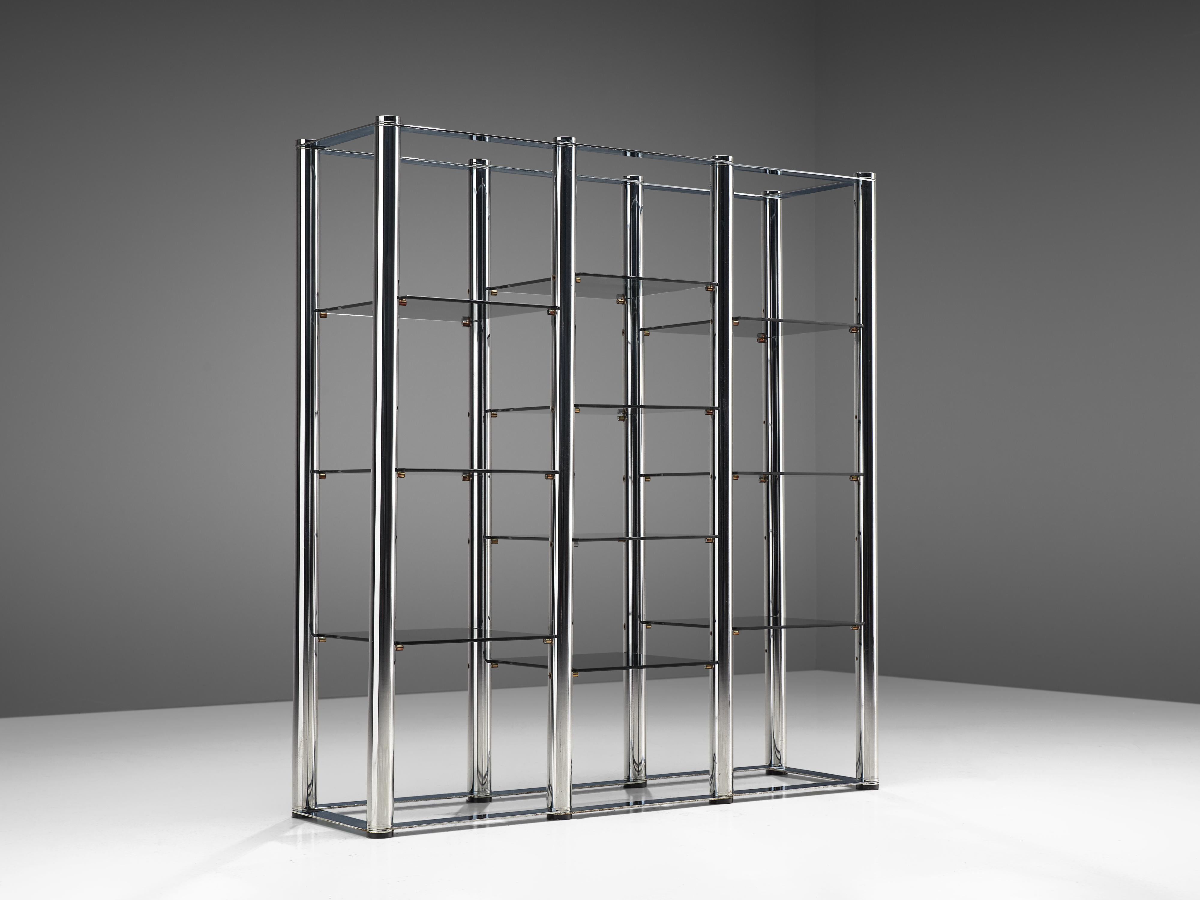 Mid-Century Modern Freestanding Postmodern Bookcase in Chrome and Glass