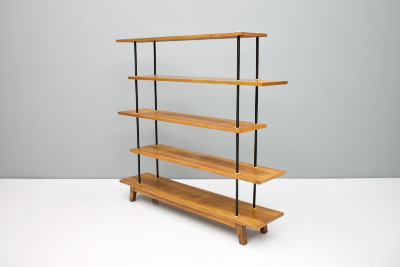 European Free Standing Shelf or Étagère in Teak Wood, Brass and Metal, 1950s For Sale