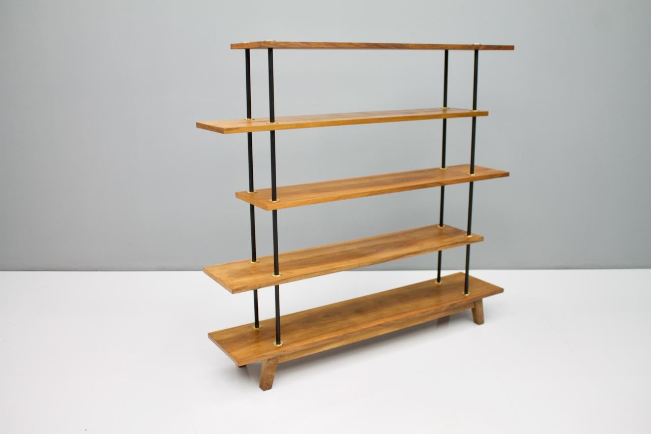 Mid-20th Century Free Standing Shelf or Étagère in Teak Wood, Brass and Metal, 1950s For Sale